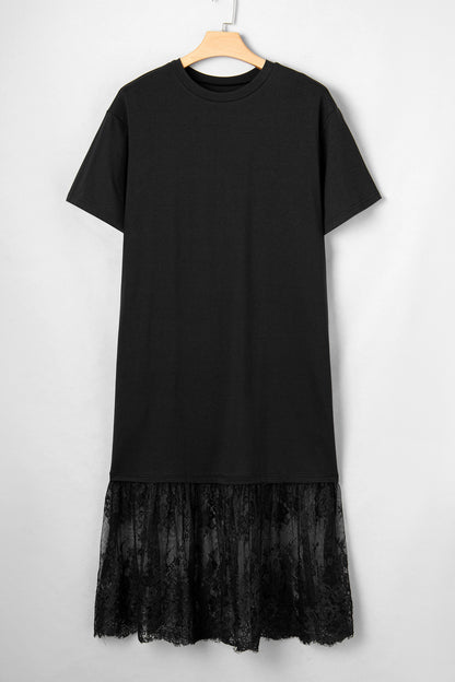 Black Plus Size Lace Hem Patchwork T Shirt Midi Dress - Cowaa