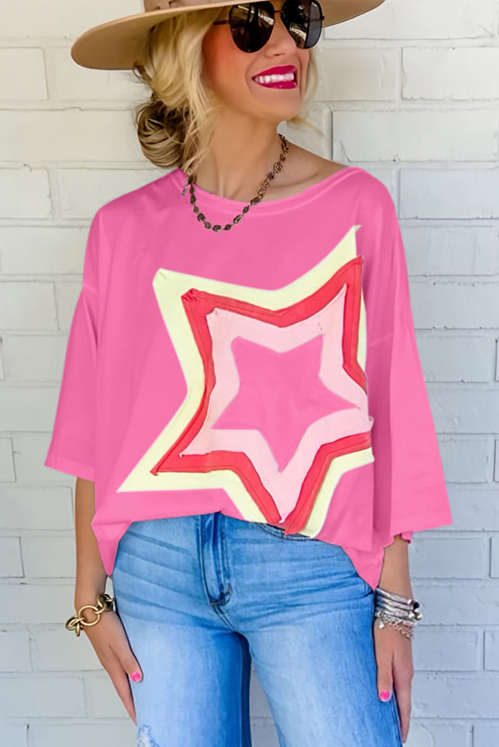White Colorblock Star Patched Half Sleeve Oversized Tee - Cowaa