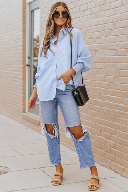 Black Striped Casual Shirred Cuffs Shirt - Cowaa