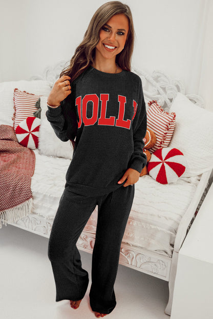 Black Crinkle Rib JOLLY Pattern Long Sleeve Top and Pockets Pants Set - Cowaa