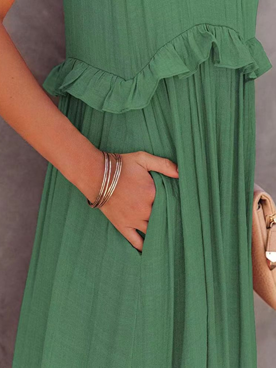 Ruffled Sleeveless Tiered Maxi Dress with Pockets - Cowaa