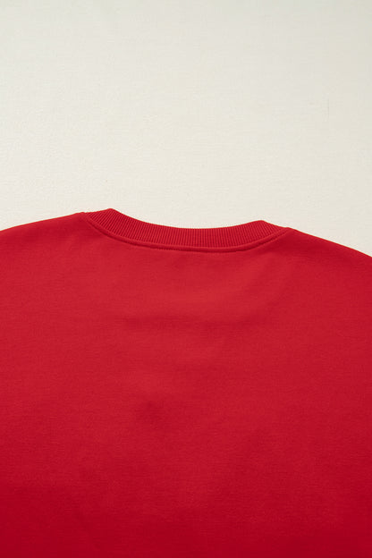 Tomato Red Christmas Tree Embroidered Notched Neck Cropped Sweatshirt