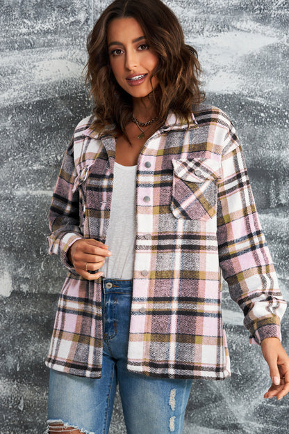 Plaid Button Front Pocket Shirt Shacket - Cowaa