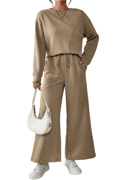 Strawberry Pink Textured Loose Slouchy Long Sleeve Top and Pants Set - Cowaa