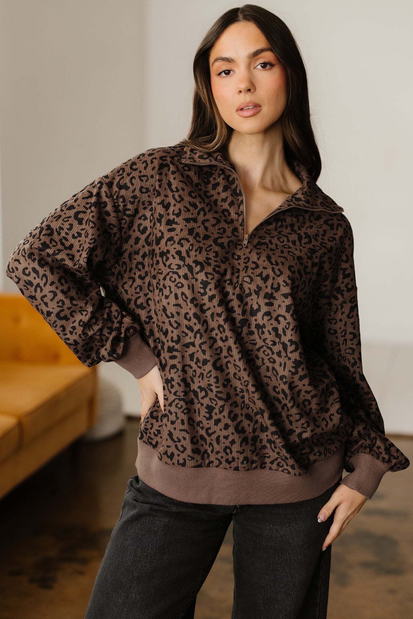 Brown Leopard Print Quarter Zip Corduroy Sweatshirt - Cowaa