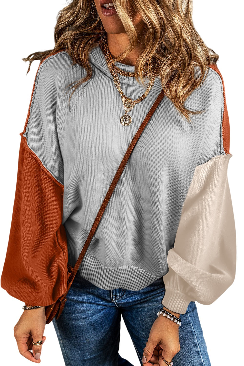 Bishop Sleeve Exposed Seam Ribbed Trim Sweater - Cowaa