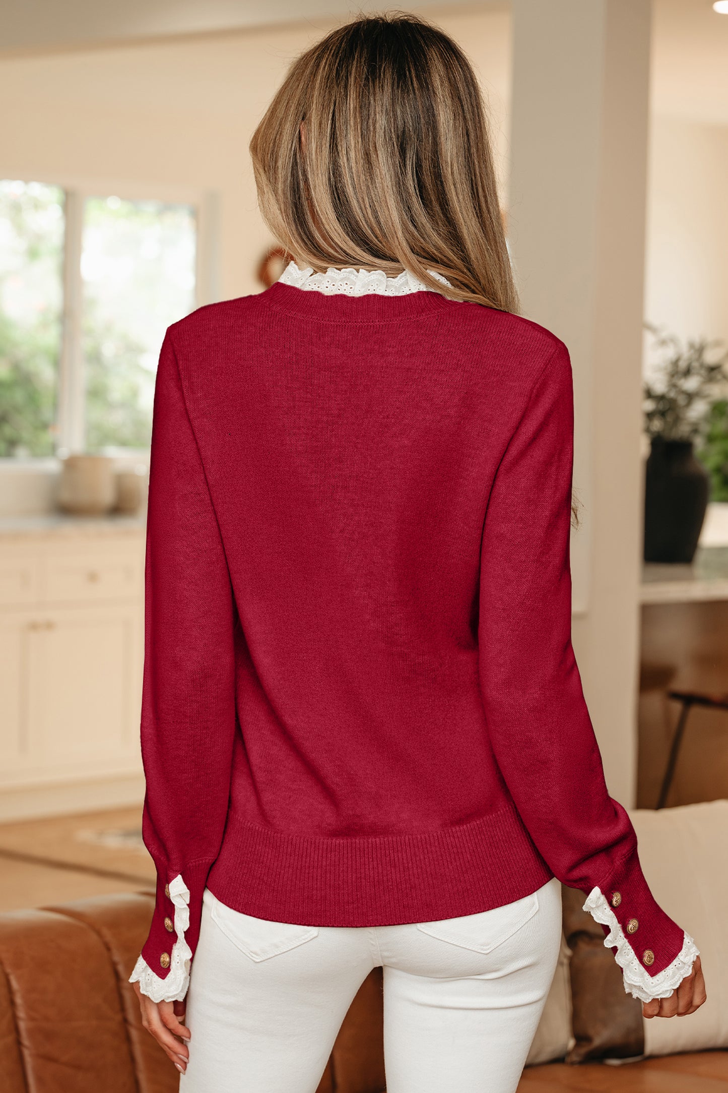 Racing Red Lace Trim Patchwork Buttoned Cuffs Loose Sweater - Cowaa