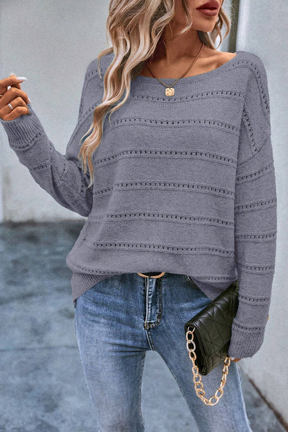 Boat Neck Drop Shoulder Pointelle Knit Sweater - Cowaa