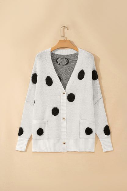 Beige Polka Dot Button Front Oversized V Neck Cardigan