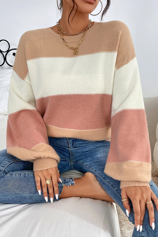 Dusty Pink Color Block Drop Shoulder Sweater - Cowaa