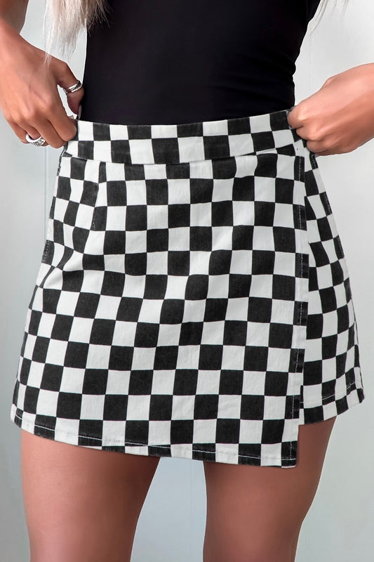 Black Checkered Print Overlap Denim Shorts - Cowaa