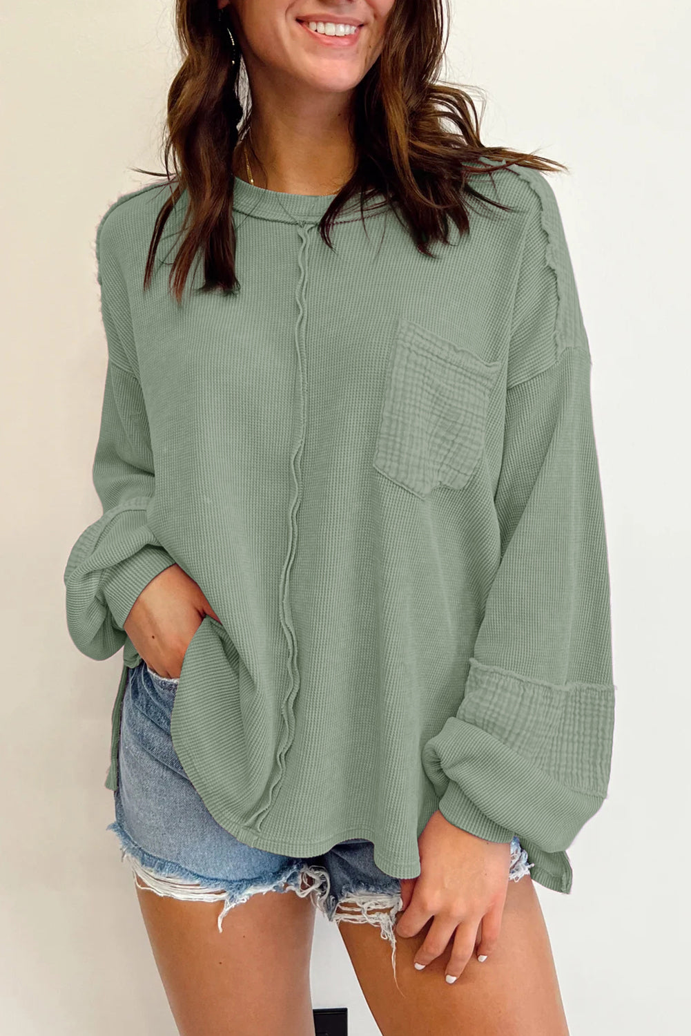 Crinkle Patchwork Long Sleeve Top - Cowaa