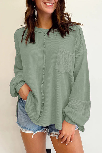 Crinkle Patchwork Long Sleeve Top - Cowaa
