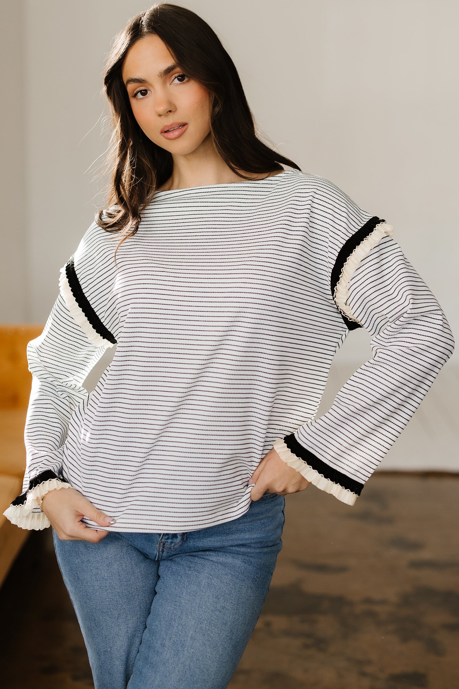 White Stripe Contrasted Ruffle Trim Loose Long Sleeve Top - Cowaa
