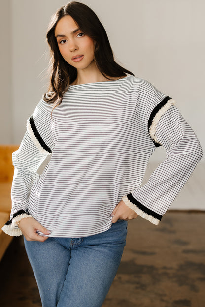 White Stripe Contrasted Ruffle Trim Loose Long Sleeve Top - Cowaa