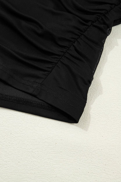 Black Sheer Mesh Patchwork High Neck Long Sleeve Top