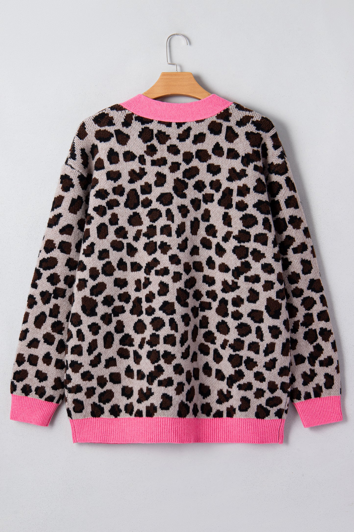 Khaki Oversize Color Block Trim Button Down Leopard Print Cardigan - Cowaa