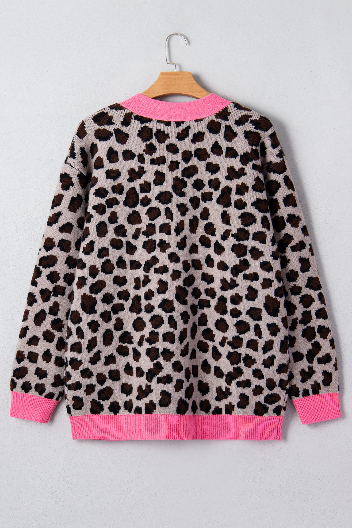 Khaki Oversize Color Block Trim Button Down Leopard Print Cardigan - Cowaa