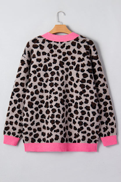 Khaki Oversize Color Block Trim Button Down Leopard Print Cardigan - Cowaa