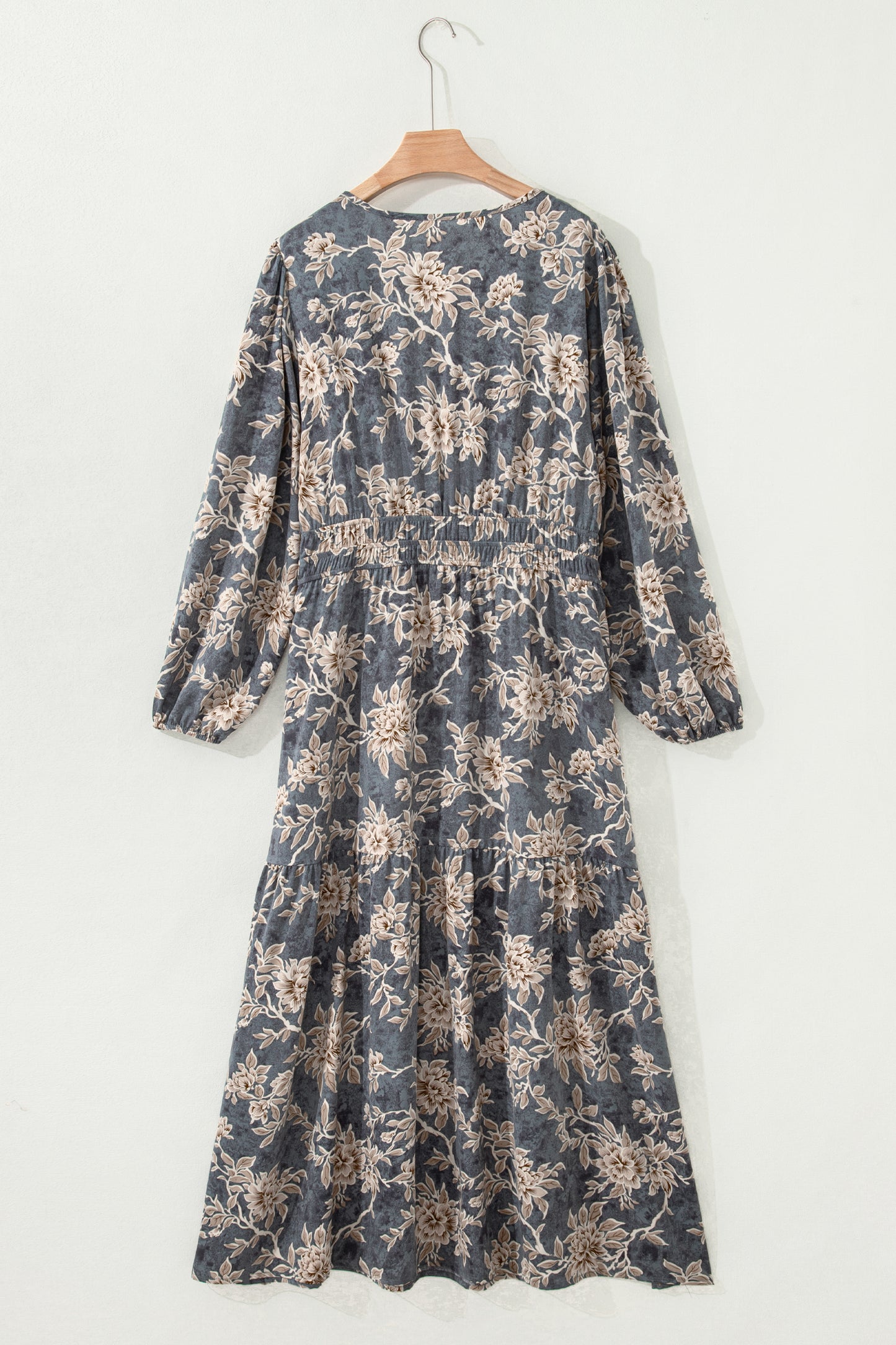 Sky Blue Plus Size Floral Print Split Neck Shirred High Waist Long Sleeve Maxi Dress - Cowaa