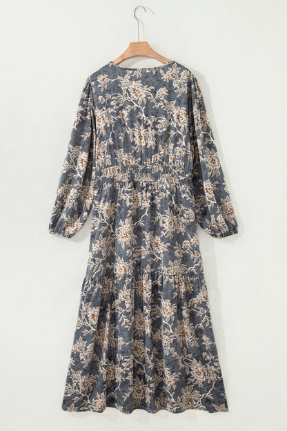 Sky Blue Plus Size Floral Print Split Neck Shirred High Waist Long Sleeve Maxi Dress - Cowaa
