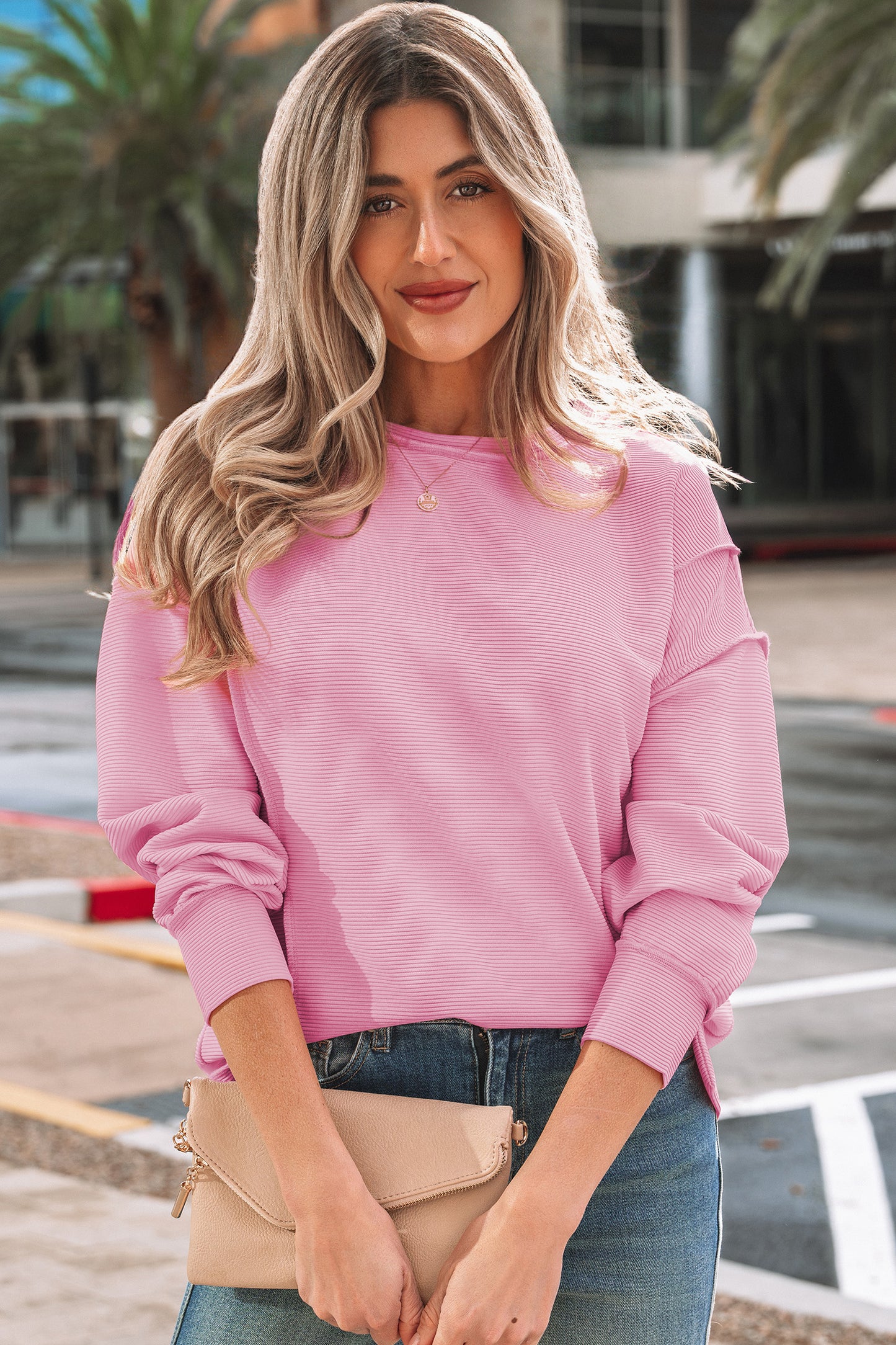 Pink Horizontal Ribbed Exposed Seam Detail Drop Shoulder Baggy Pullover - Cowaa