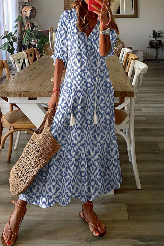 Sky Blue Geometric Print Casual V Neck Maxi Dress - Cowaa