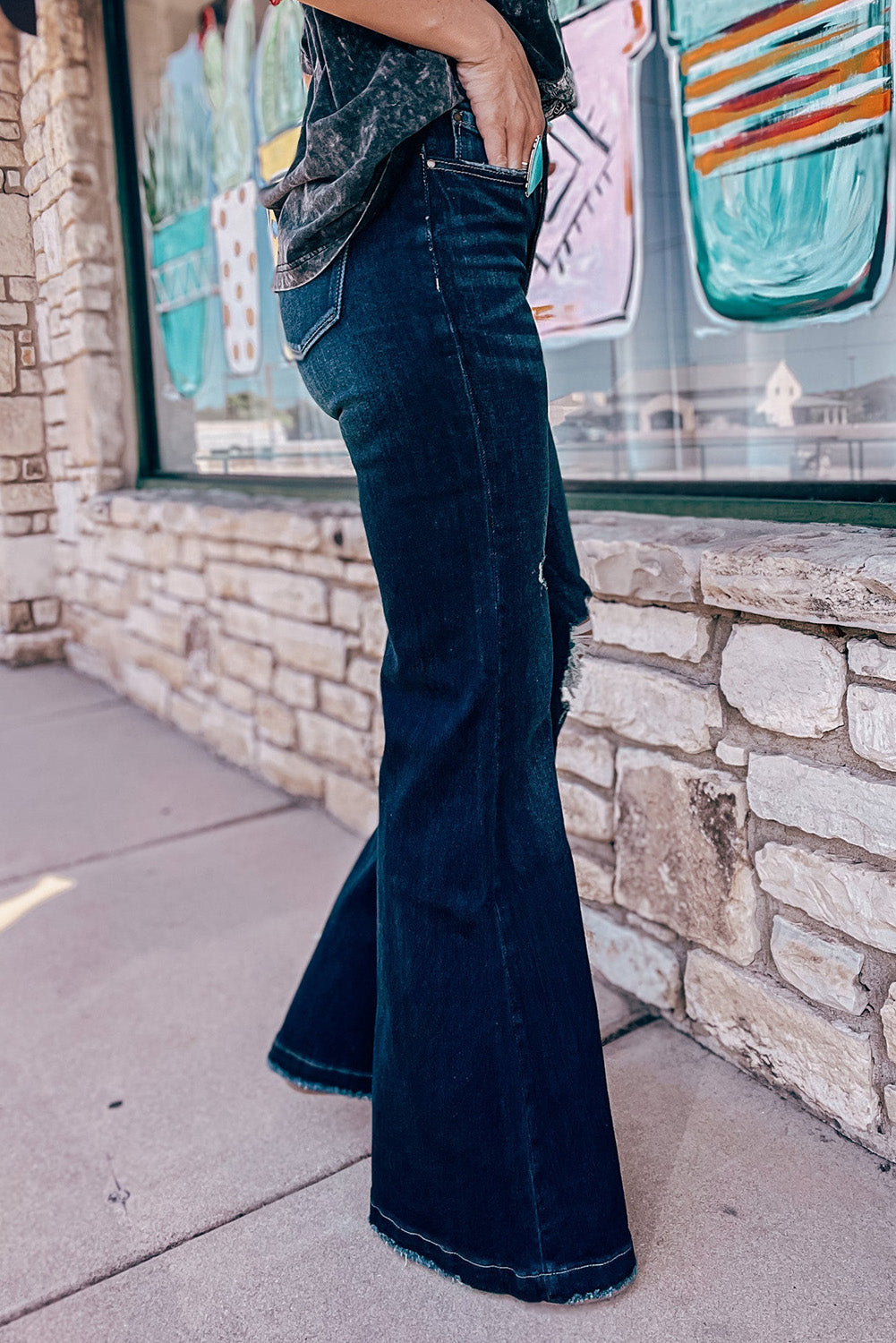 Real Teal High Rise Ripped Bell Bottom Jeans - Cowaa