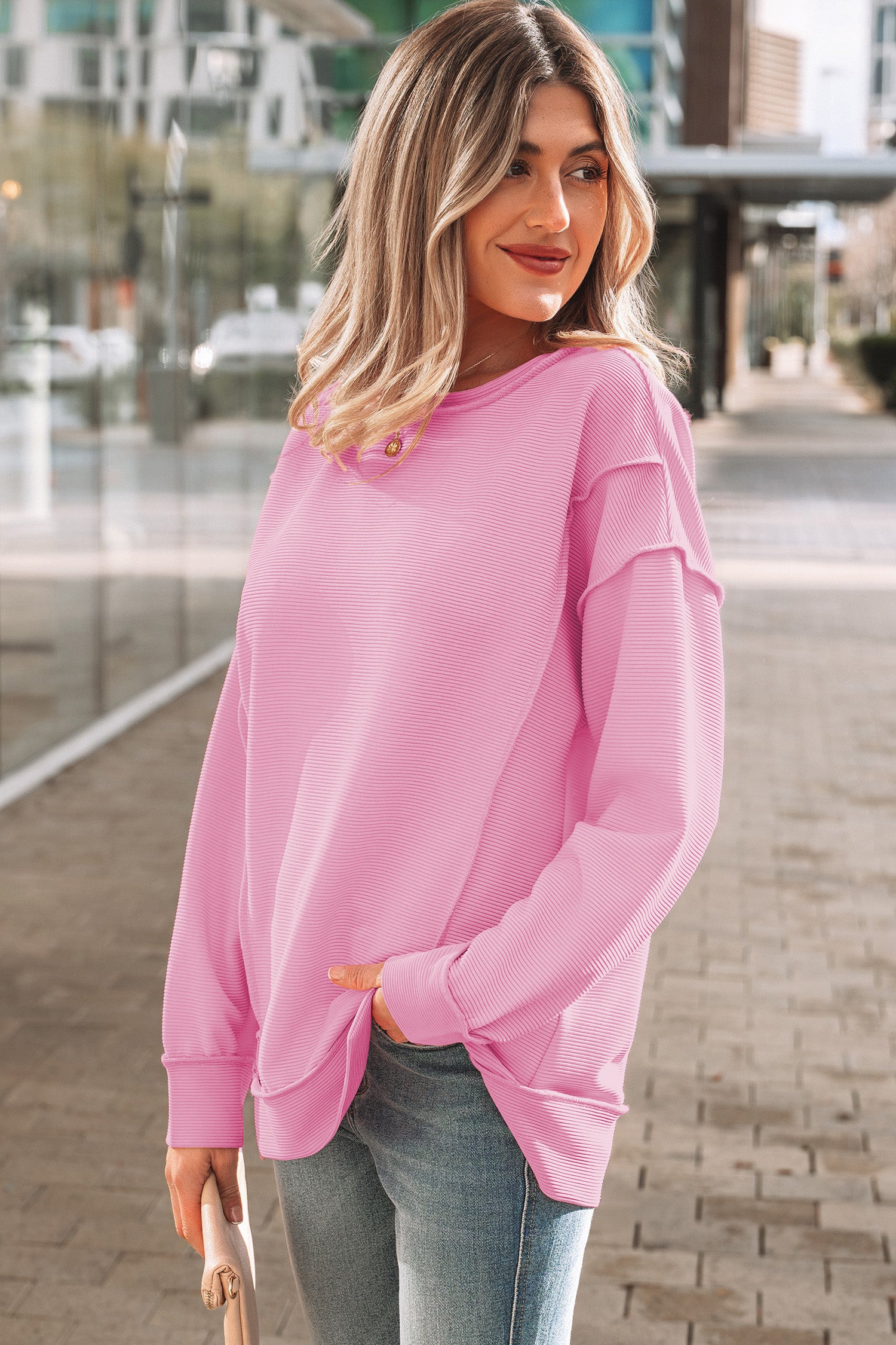 Pink Horizontal Ribbed Exposed Seam Detail Drop Shoulder Baggy Pullover - Cowaa