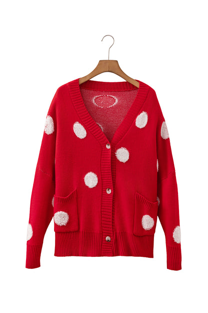 Beige Polka Dot Button Front Oversized V Neck Cardigan