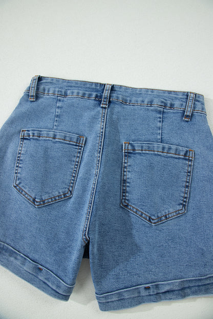 Ivy Seam Detail Pocketed Cuffed Hem Denim Shorts - Cowaa