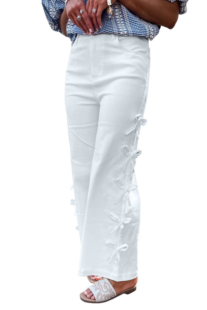 White Bowknot Side Detail Straight Leg Loose Jeans