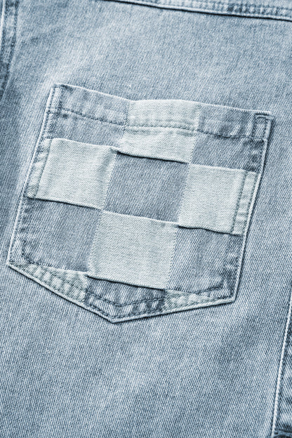 Beau Blue Denim Checkered Pattern Patchwork Womens Casual Jacket