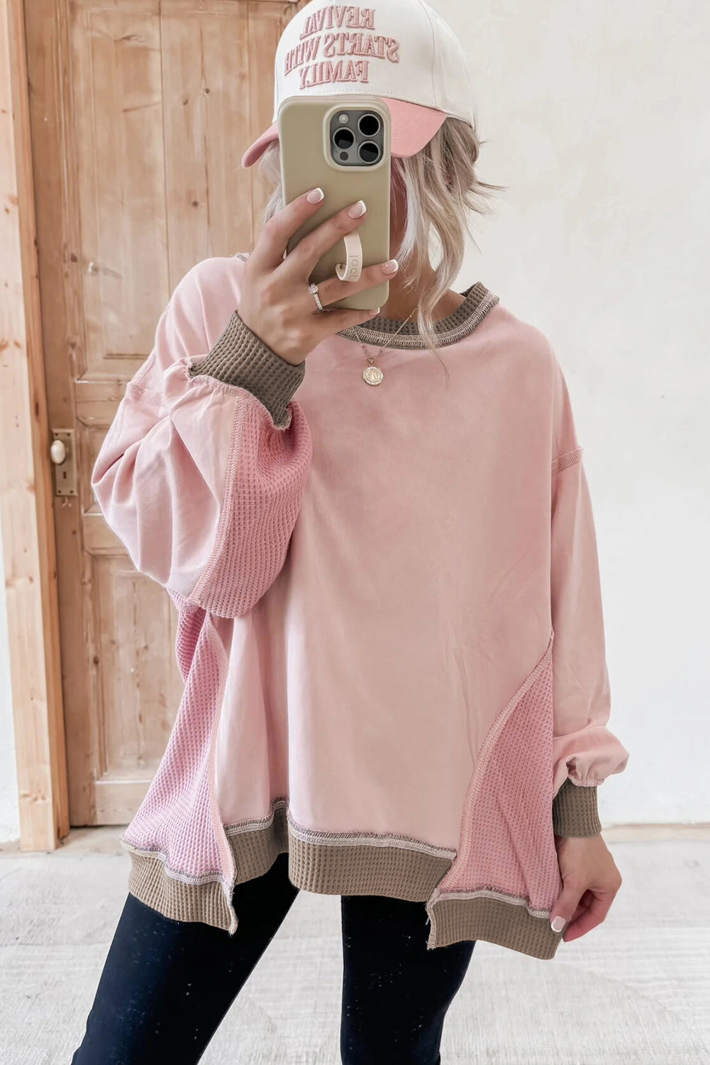 Light Pink Colorblock Waffle Patchwork Oversize Sweatshirt - Cowaa