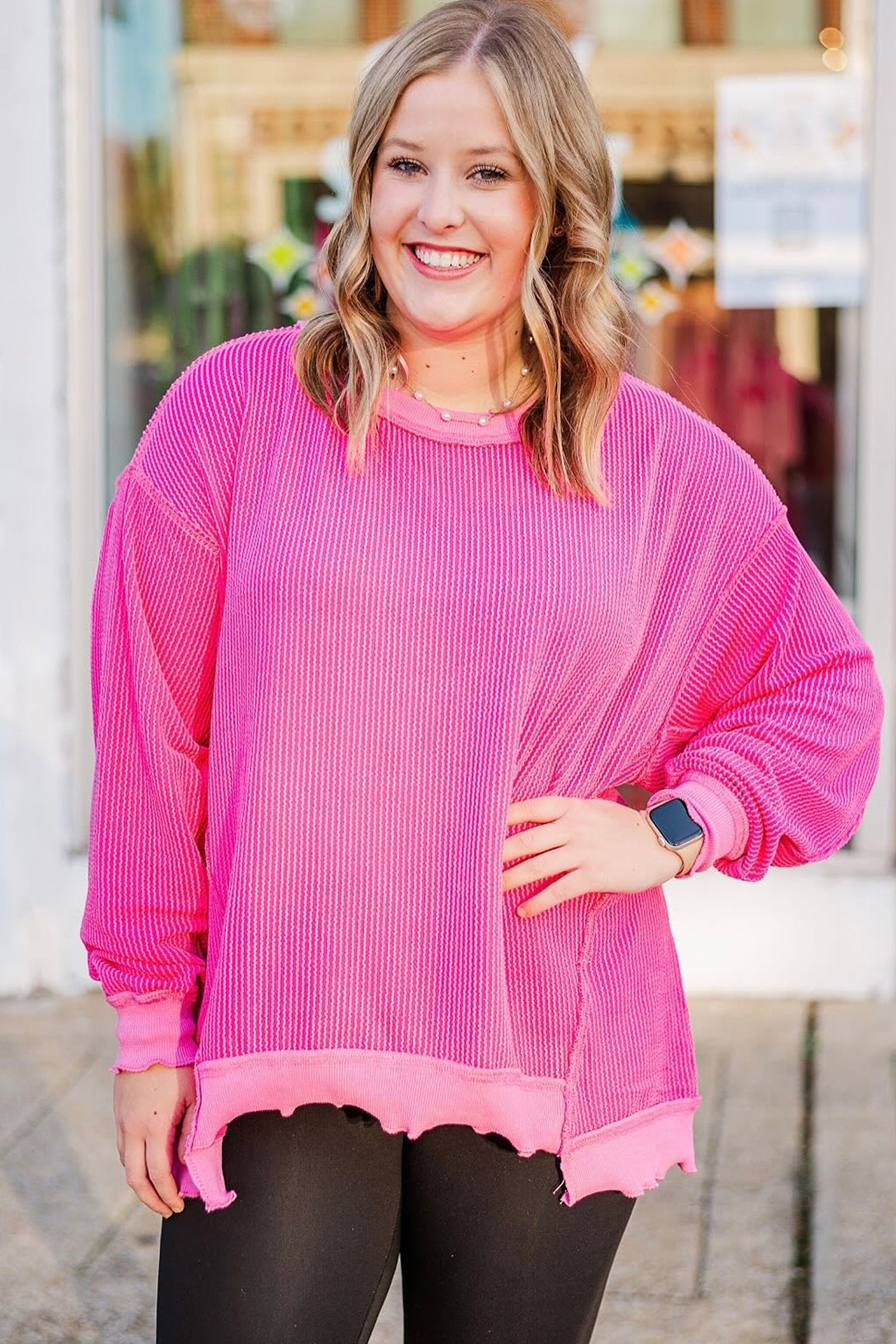 Rose Red Drop Shoulder Uneven Hem Plus Size Twisted Rib Top - Cowaa