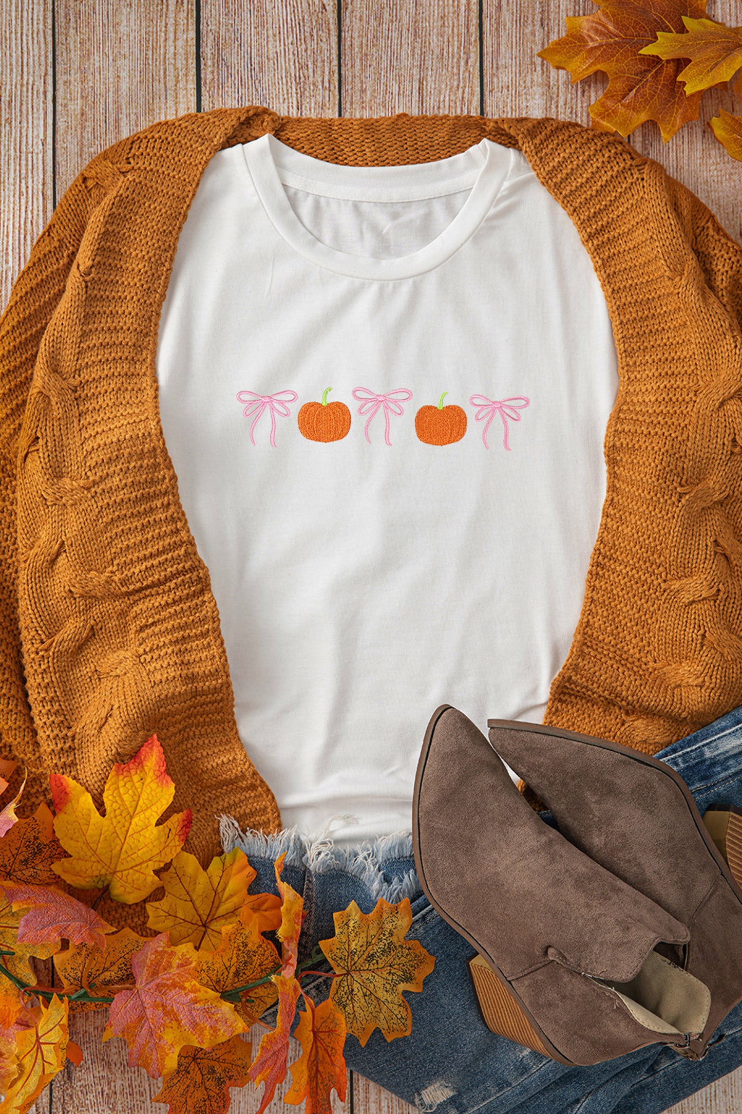 White Embroidered Pumpkin Bow Round Neck Short Sleeve T-Shirt