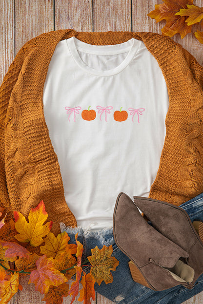 White Embroidered Pumpkin Bow Round Neck Short Sleeve T-Shirt