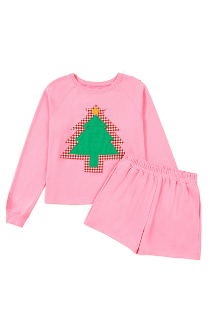 Sachet Pink Plaid Contrasted Double Christmas Tree Patched Raglan Sleeve Pullover 2pcs Short Set