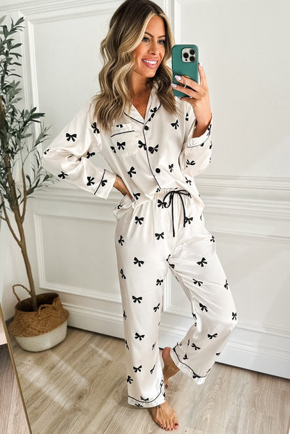 White Bows Print Drawstring Two Piece Pajama Set