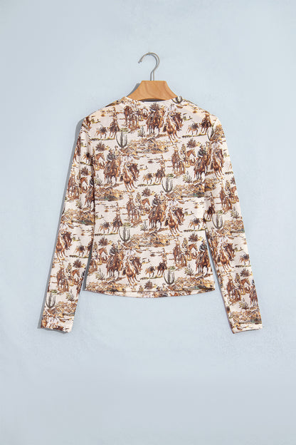 Brown Western Cowboy Floral Print Sheer Mesh Long Sleeve Top
