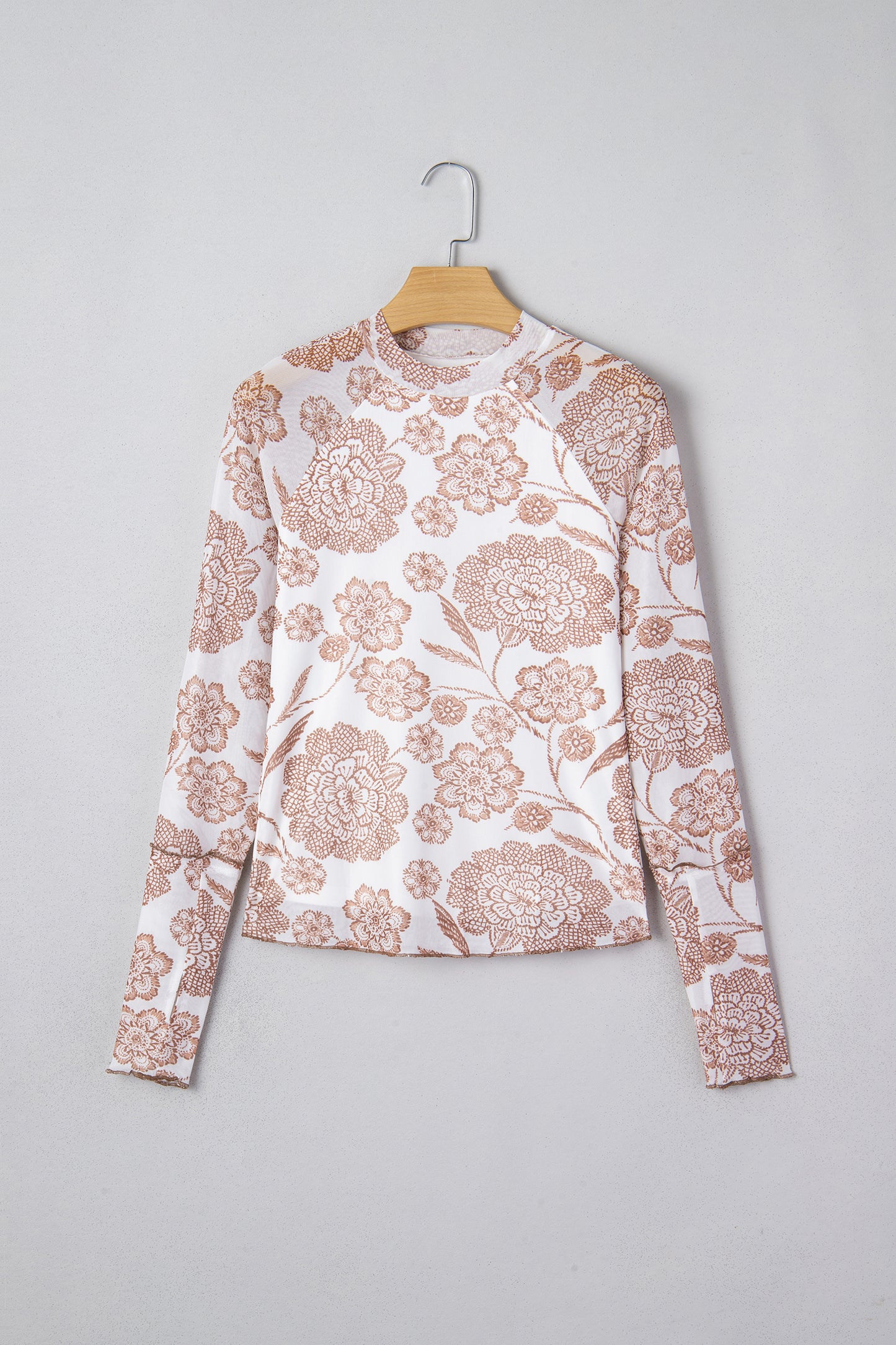 Brown Thumbhole Long Sleeve Floral Print Mesh Top - Cowaa