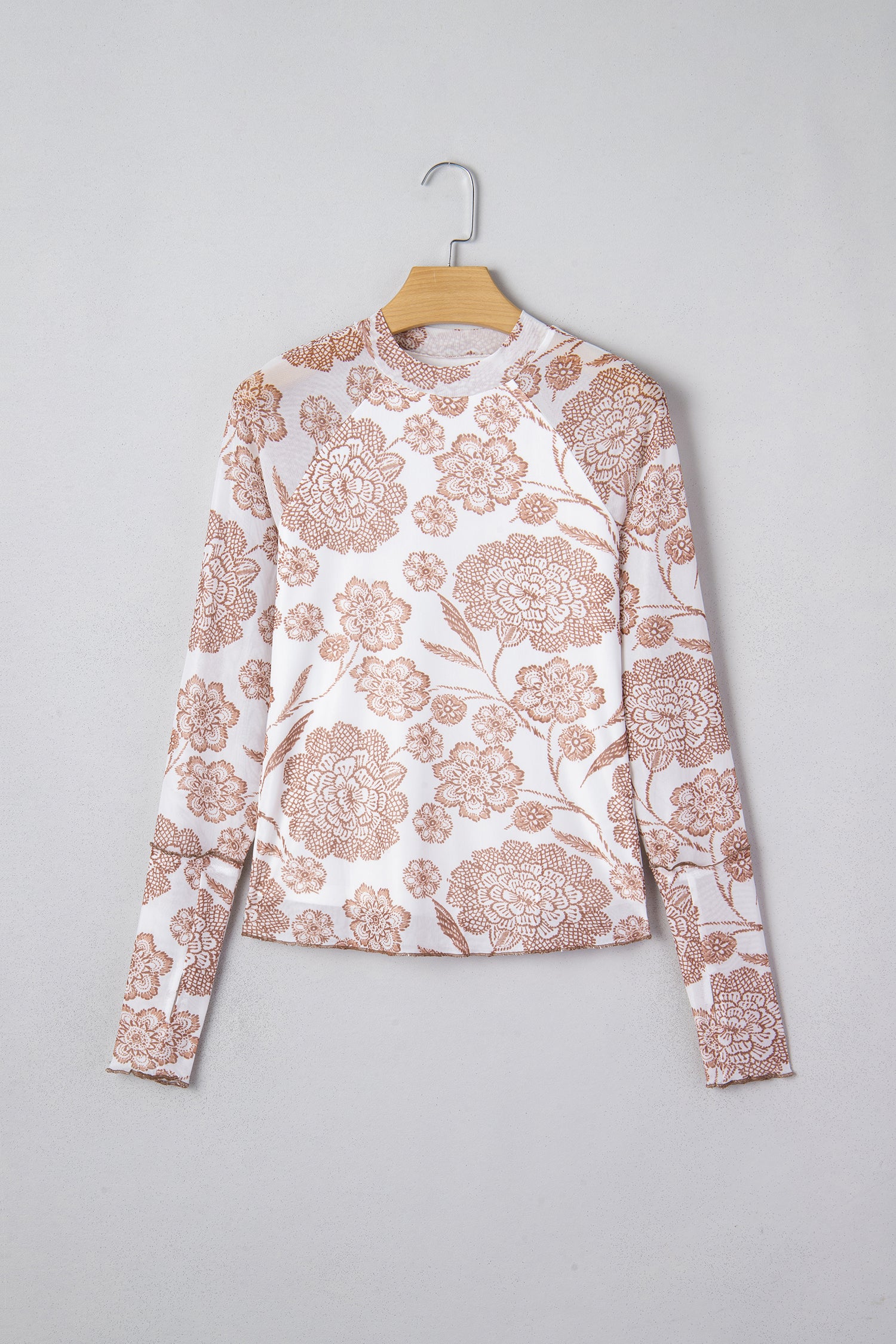 Brown Thumbhole Long Sleeve Floral Print Mesh Top - Cowaa