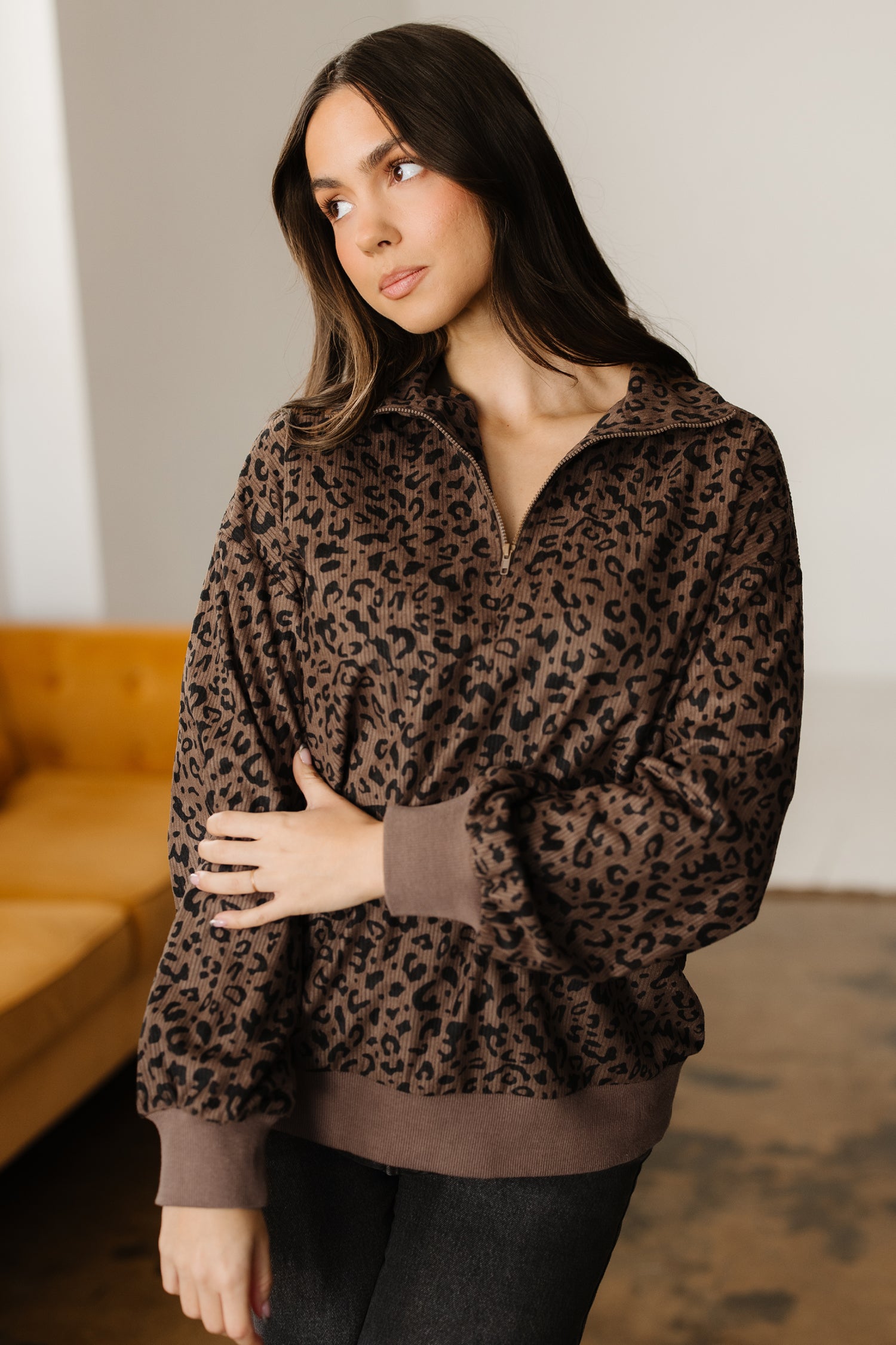 Brown Leopard Print Quarter Zip Corduroy Sweatshirt - Cowaa