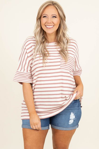 Pink Stripe Waffle Knit Pocket Half Sleeve Plus Size T Shirt