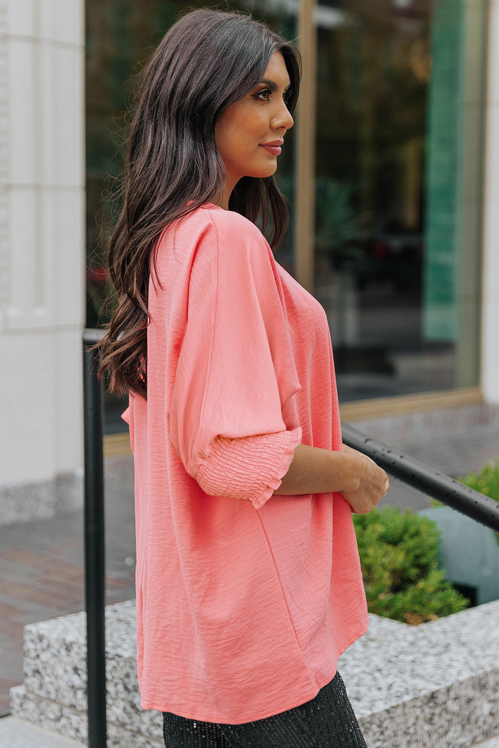Apricot Solid Casual Smocked Cuffs Batwing Sleeve Blouse - Cowaa