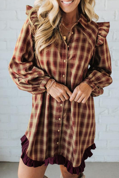 Red Plaid Print Ruffled Long Sleeve Patchwork Hem Mini Shirt Dress - Cowaa