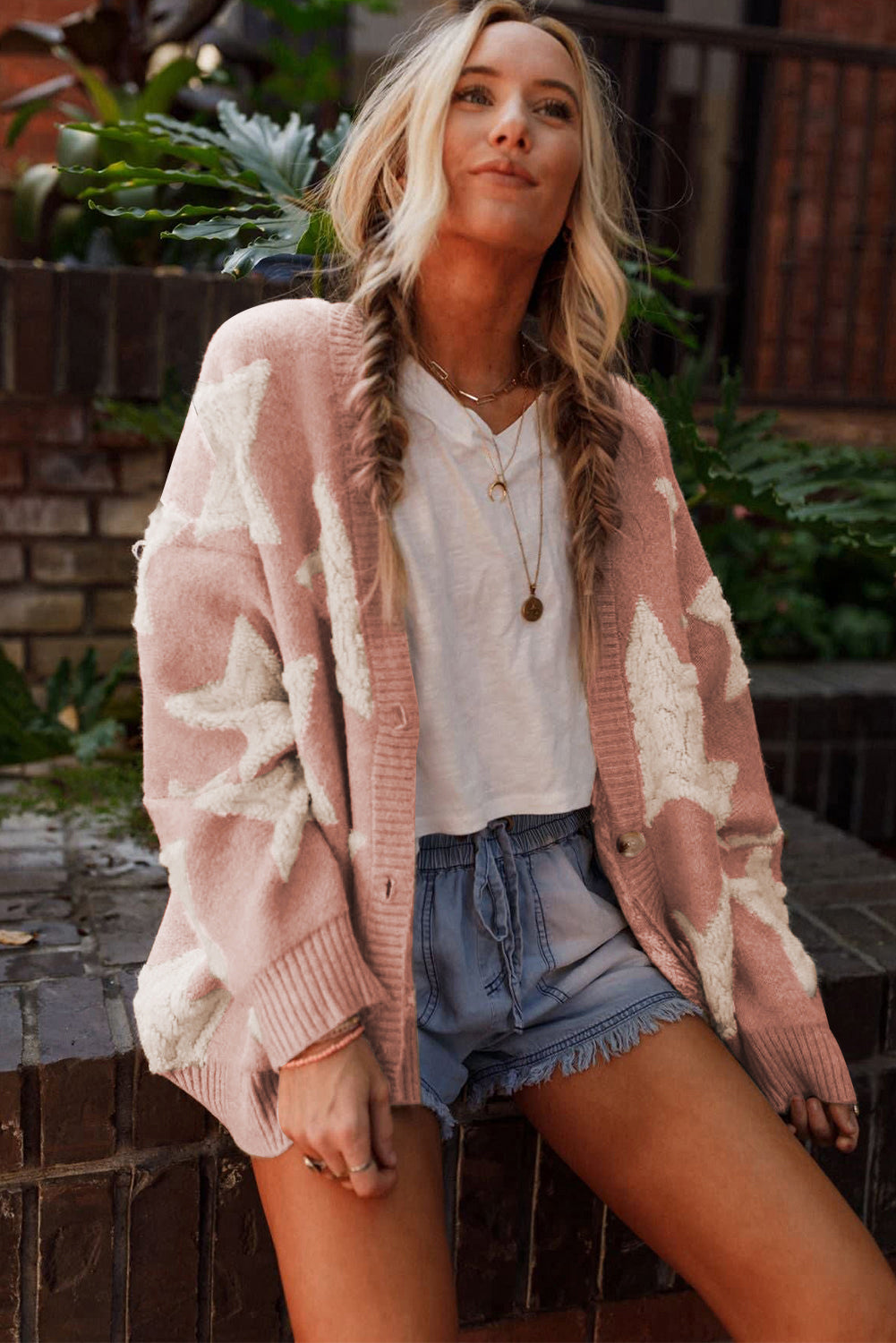 Khaki Star Pattern Pockets Button Front Cardigan - Cowaa