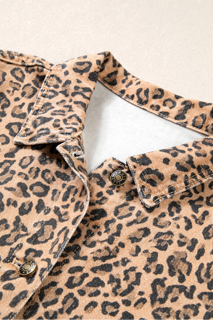 Khaki Leopard Print Collar Long Sleeve Patch Pocket Shift Denim Jacket