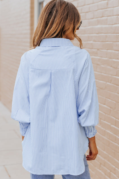 Black Striped Casual Shirred Cuffs Shirt - Cowaa