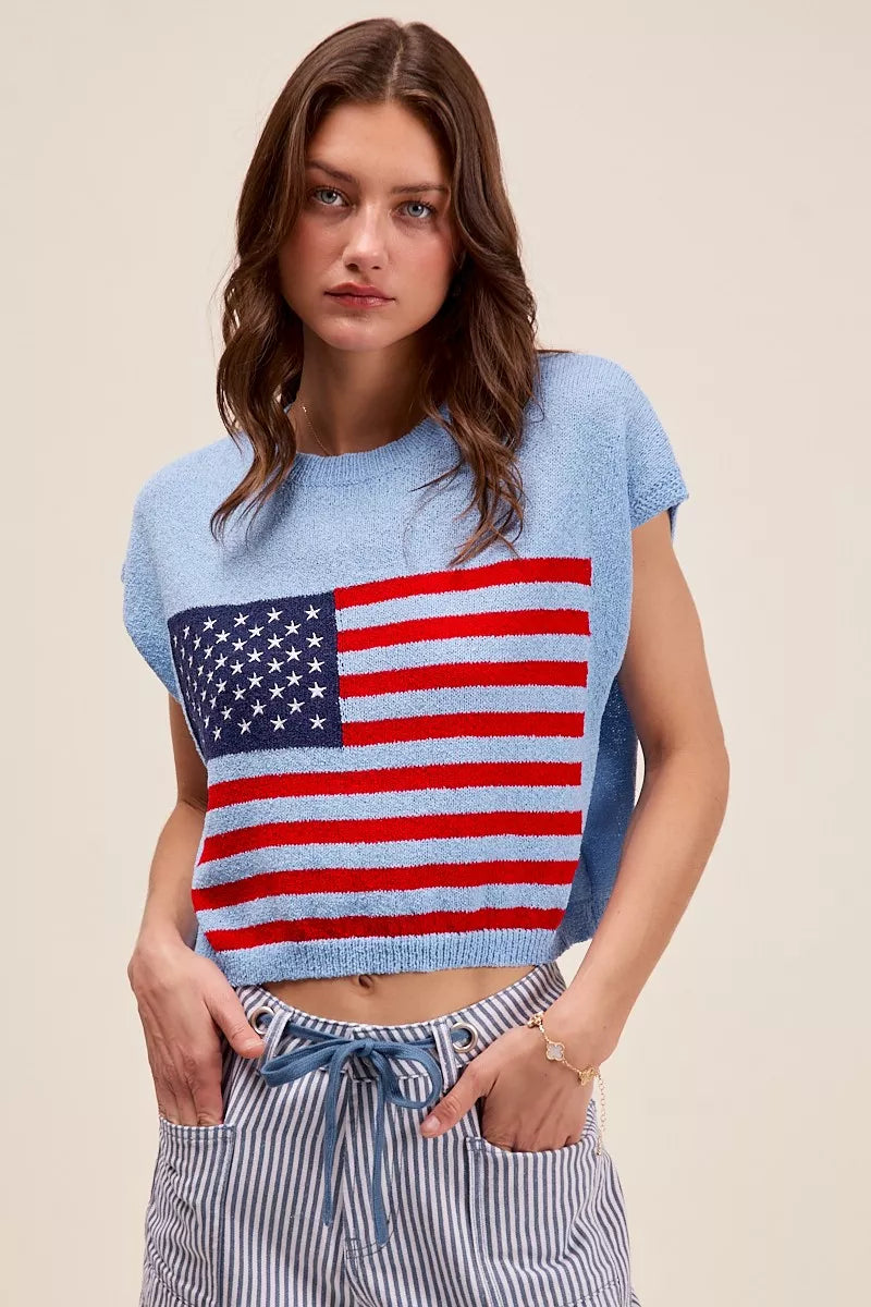 SO ME Fourth Of July American Flag Boxy Fit Sweater Top.